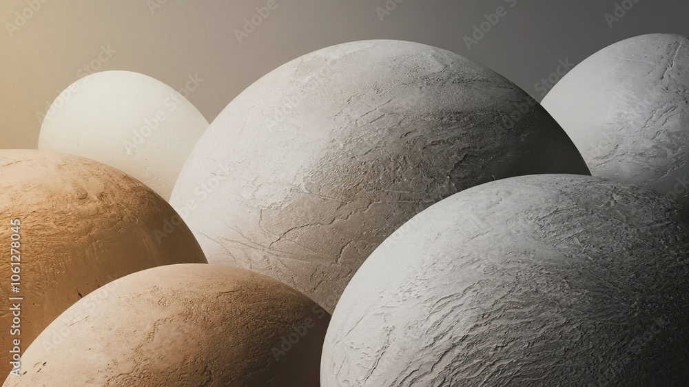 Poster a collection of textured spheres in soft shades rests on a gradient background highlighting their va