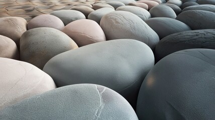 Fototapeta premium Smooth pastel pebbles are scattered across the beach reflecting the calmness of the early morning light as waves gently lap the shore nearby