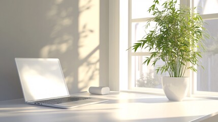modern home workspace, sleek laptop, bamboo planter, large windows, sunbeams streaming in, warm tones, tranquil atmosphere, productivity setup