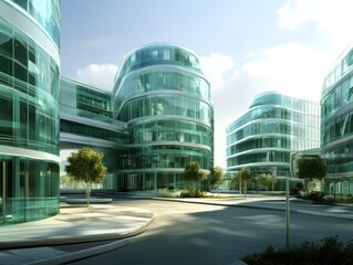 Obraz premium Modern glass buildings with a sleek design and landscaped surroundings.