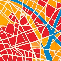 Fototapeta premium Abstract city map with red, orange, and blue colors.