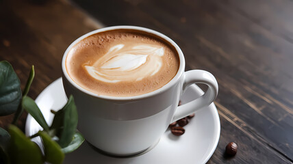 Obraz premium A close-up of a latte art coffee cup on a wooden surface, surrounded by coffee beans and a leafy plant, showcasing a cozy coffee moment. Ideal for café or coffee culture content.