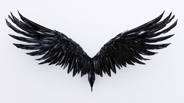 sleek onyx wings, precise feather articulation, powerful avian anatomy, floating on stark white space, photorealistic 3d rendering technique