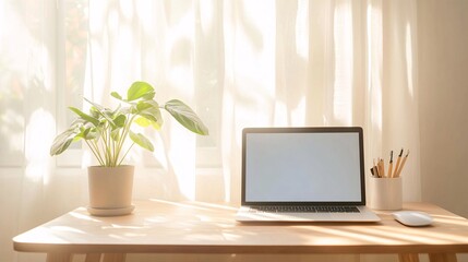 Fototapeta premium sunlit home office, wooden desk, open laptop, potted plant, white curtains, cozy interior design, soft natural lighting, minimalist workspace