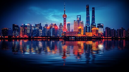 Obraz premium A modern urban skyline at dusk, with illuminated skyscrapers casting reflections on a calm river below. The sky transitions from deep blue to soft pink, creating a dynamic backdrop. Silhouettes