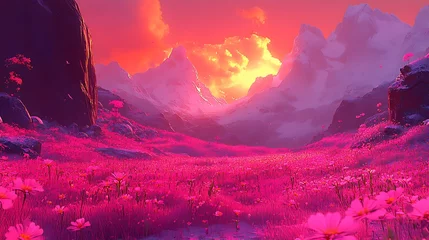 Fotobehang A serene landscape featuring rolling hills under a vibrant sunset, with soft clouds reflecting shades of orange and purple in the sky. The foreground includes a field of wildflowers swaying © ชัยณรงค์ สิงห์บัว