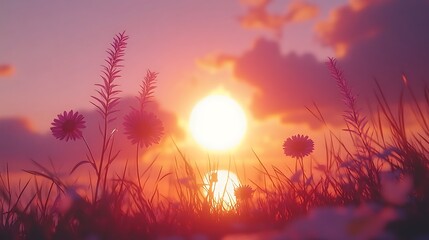 A serene landscape featuring rolling hills under a vibrant sunset, with soft clouds reflecting shades of orange and purple in the sky. The foreground includes a field of wildflowers swaying