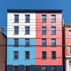 Fototapeta premium A colorful urban building with red, white, and blue paint and black trim.