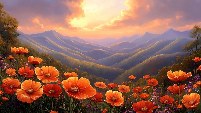 A serene landscape featuring rolling hills under a vibrant sunset, with soft clouds reflecting shades of orange and purple in the sky. The foreground includes a field of wildflowers swaying