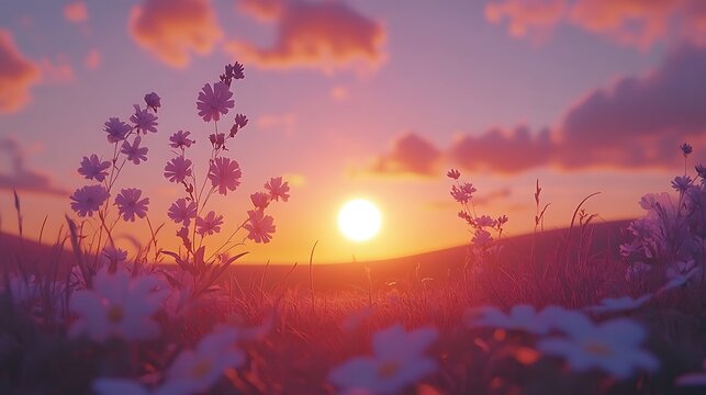 A serene landscape featuring rolling hills under a vibrant sunset, with soft clouds reflecting shades of orange and purple in the sky. The foreground includes a field of wildflowers swaying