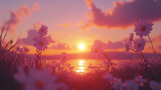 A serene landscape featuring rolling hills under a vibrant sunset, with soft clouds reflecting shades of orange and purple in the sky. The foreground includes a field of wildflowers swaying