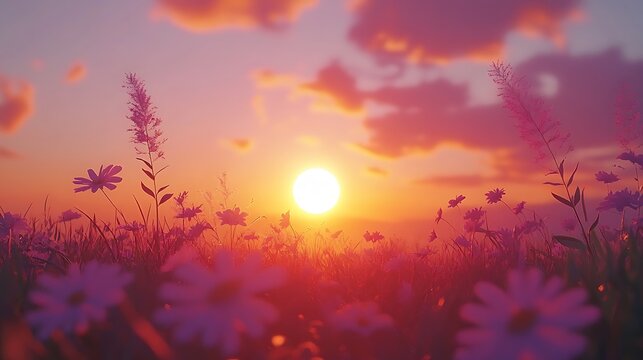 A serene landscape featuring rolling hills under a vibrant sunset, with soft clouds reflecting shades of orange and purple in the sky. The foreground includes a field of wildflowers swaying