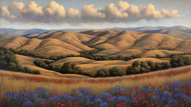 A serene landscape featuring rolling hills under a vibrant sunset, with soft clouds reflecting shades of orange and purple in the sky. The foreground includes a field of wildflowers swaying