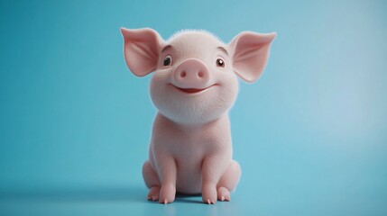 Cute Cartoon Piglet Sitting on Blue Background