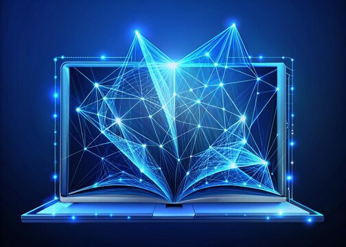 Low-poly wireframe book sits atop a glowing computer, symbolizing online learning.