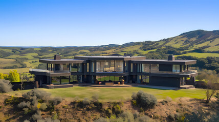 Obraz premium Modern luxury home nestled in a scenic landscape, showcasing expansive views of rolling hills and greenery, perfect for serene living and outdoor enjoyment.