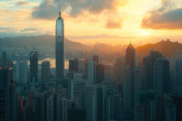 Fototapeta premium A stunning sunset view over a city skyline with towering skyscrapers and mountains in the background.