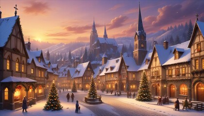 Obraz premium Nighttime city view featuring Gothic architecture, historic cathedrals, medieval towers, and a stone bridge in Prague, showcasing the charm of European landmarks and religious sites