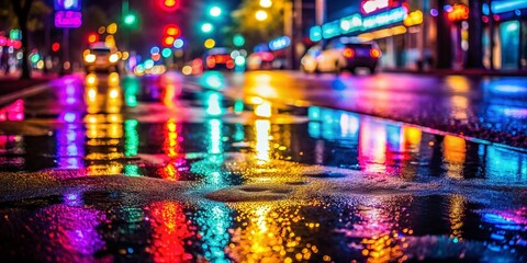 Fototapeta premium Neon Reflections Wet Road Night Photography AI Art