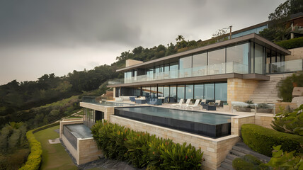 Modern hillside villa with expansive glass windows, surrounded by lush greenery, featuring a sleek infinity pool and elevated patio overlooking the landscape under a dramatic sky.
