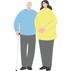 Young Volunteers Character Care for Elderly People. Flat Vector Illustration.