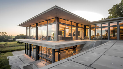 Fototapeta premium Modern architectural masterpiece featuring large glass windows, a spacious patio, and sleek lines, set against a serene landscape at sunset. Ideal for contemporary home design inspiration.