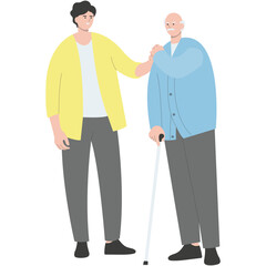 Young Volunteers Character Care for Elderly People. Flat Vector Illustration.