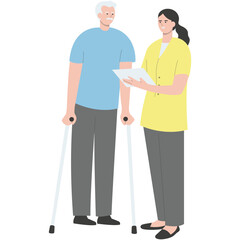 Young Volunteers Character Care for Elderly People. Flat Vector Illustration.