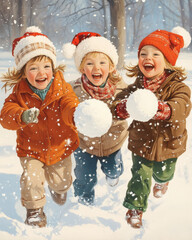 Christmas and Happy Kids, Three joyful children wearing Santa hats playfully throw snowballs in snowy winter landscape, capturing spirit of Christmas fun and laughter