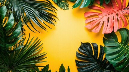 Tropical Leaves on Bright Yellow Background