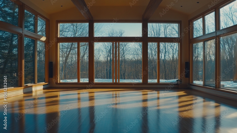 Poster sunbeams stream through large windows in an empty room with wood floors and exposed beams.