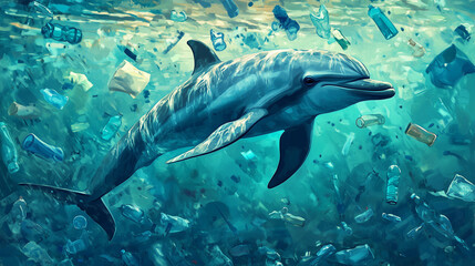 Ocean life swimming through a sea of plastic bottles and bags, with a somber expression as it navigates the polluted waters, highlighting the dangers of microplastic ingestion,