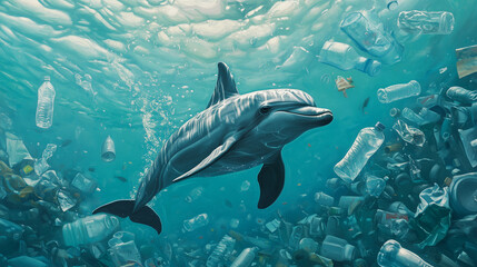 Naklejka premium Ocean life swimming through a sea of plastic bottles and bags, with a somber expression as it navigates the polluted waters, highlighting the dangers of microplastic ingestion,