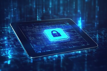 Digital Lock Icon on Tablet Screen in Futuristic Setting