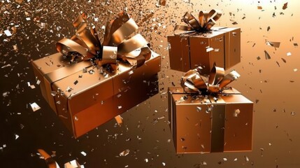 New Year card design with 3D gift boxes, golden ribbons, and paper shoots bursting with confetti, with room for a message on a sparkling backdrop.