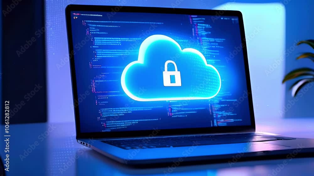 Poster a laptop with a cloud icon and a padlock on the screen, symbolizing secure online storage and data p