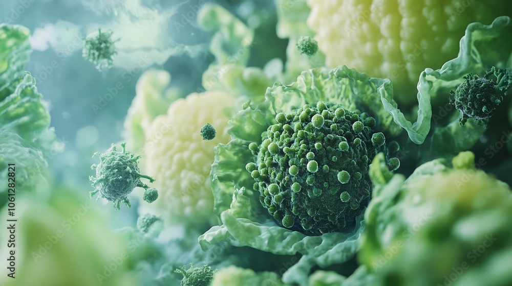 Aufkleber 3d rendering of green and yellow viruses in a microscopic view.