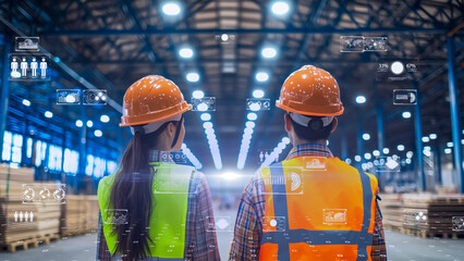 Two logistics professionals in a smart warehouse