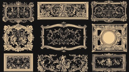 29.An assortment of ornate vintage frames with elegant flourishes and intricate patterns, perfect for royal wedding labels, luxurious invitations, or classic retro insignias.