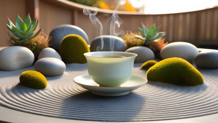 A peaceful zen garden scene with a cup of green tea placed on a stone surface