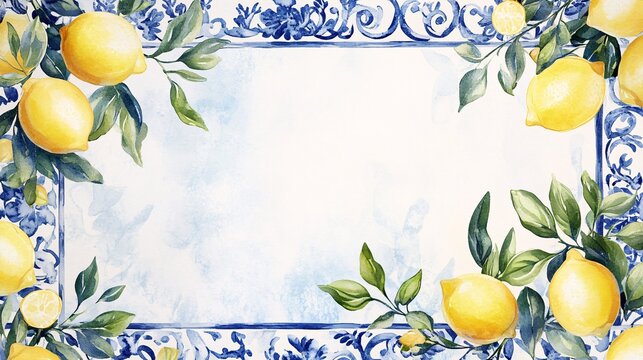 58.A Mediterranean-inspired border of watercolor lemons and blue and white patterned tiles, interspersed with soft, floral elements, forming an elegant frame for invitations or posters with a