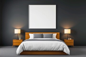 A sleek, modern bedroom featuring a wooden bed frame, matching bedside tables, ambient lighting, and a large blank art canvas on a dark painted wall.