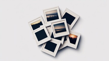 116.A collection of classic Polaroid photo frames with crisp white borders and realistic drop shadows, arranged in a scattered collage effect, perfect for creating a nostalgic photo display or