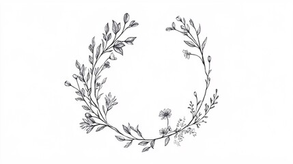 107.A detailed, hand-drawn floral circle frame featuring fine branches, dainty leaves, and small blossoms, arranged symmetrically in a wreath-like design, offering a minimalist and sophisticated look.