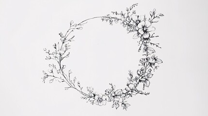 107.A detailed, hand-drawn floral circle frame featuring fine branches, dainty leaves, and small blossoms, arranged symmetrically in a wreath-like design, offering a minimalist and sophisticated look.