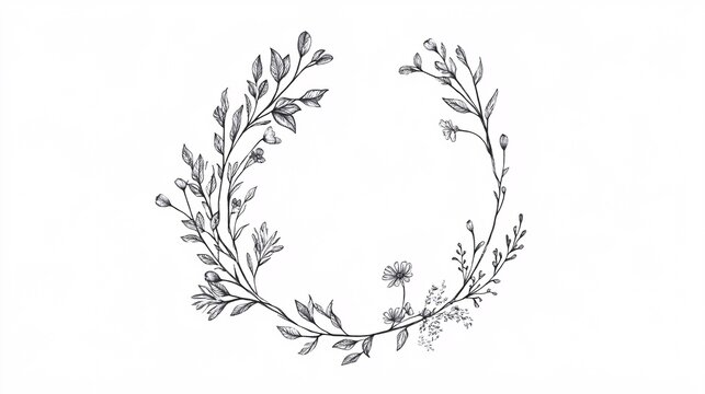 107.A detailed, hand-drawn floral circle frame featuring fine branches, dainty leaves, and small blossoms, arranged symmetrically in a wreath-like design, offering a minimalist and sophisticated look.