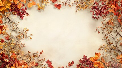 12.A floral and leafy frame with autumn-colored elements, including red and orange leaves, soft golden flowers, and intertwining branches, forming a picturesque, seasonal border that highlights the