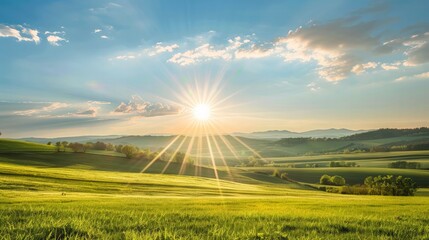 Fototapeta premium Bright sunburst over a serene countryside scene with soft, rolling hills and ample space in the sky for personalized content