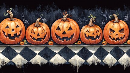 39.A fun and spooky Halloween border featuring a variety of cartoon pumpkins with mischievous grins, all neatly aligned in a repeating pattern on a checkered background.