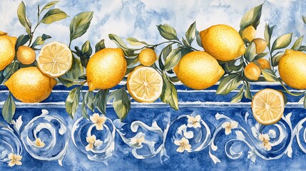 60.A graceful border of watercolor lemons, flowers, and wavy blue tile patterns, blending the bright colors of citrus fruits with the cool elegance of Mediterranean designs, creating a perfect frame